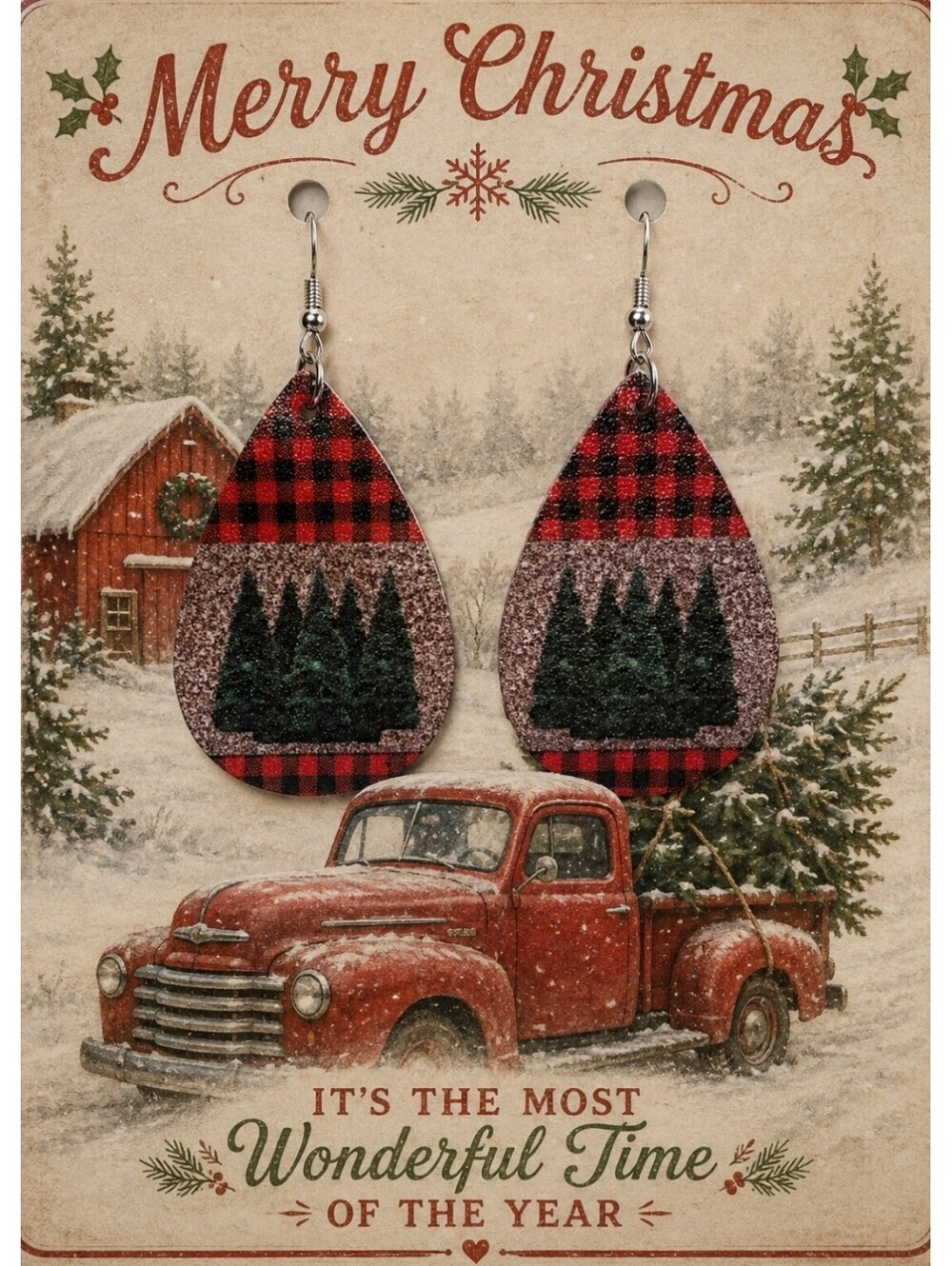 Country Christmas Tree Buffalo Plaid Burlap Style Hypoallergenic Earrings